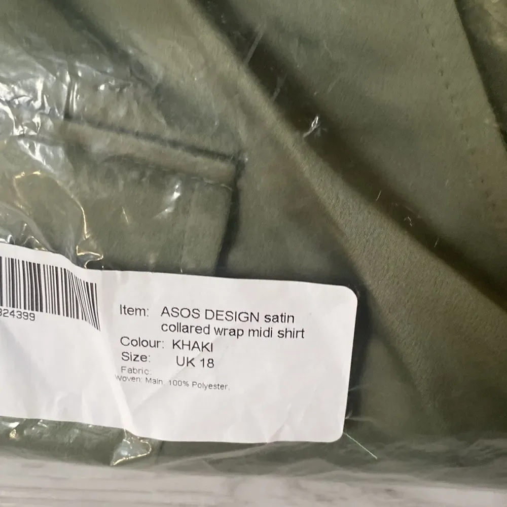 ASOS Design‎ Satin Collared Wrap Midi Shirt Khaki Size 14 NWT - Picture 6 of 7